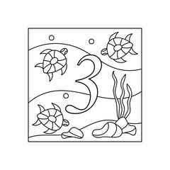 Coloring book for children, numbers. Three. Education and entertainment. Underwater world. Color and count, vector illustration