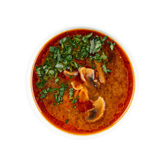 Isolated portion of red mushroom soup on the white background