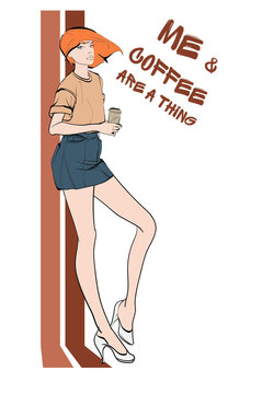 Hand drawn beautiful young woman holding plastic coffee cup. Stylish girl with red hair. Fashion woman look. Female character.