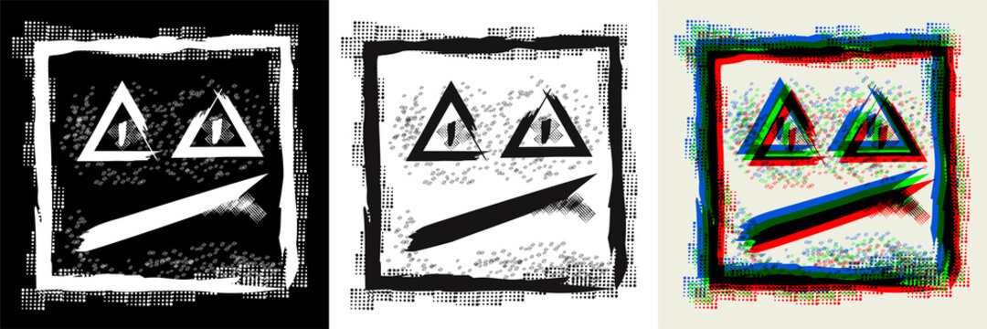 Abstract black white and 3d color square ugly face with triangular eyes in the style of simple street graffiti
