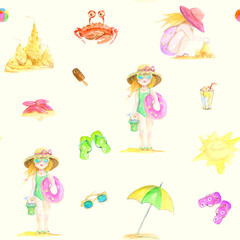 Watercolor pattern Little Girls on the Beach - Lovely Seamless pattern with smiling faces of the characters. Lazy, summer, sand castles among clouds.
