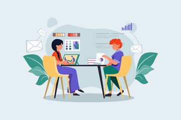 Man and woman working at their job Illustration concept. Flat illustration isolated on white background.