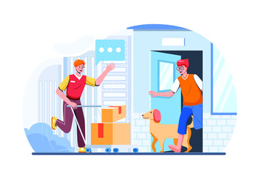 Delivery man pushes hand truck trolley full of cardboard boxes hands package to a customer.