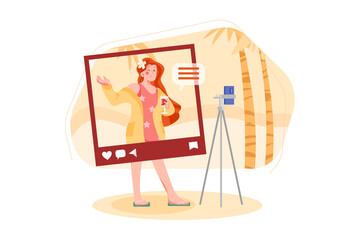 Influencer recording new video Illustration concept. Flat illustration isolated on white background.
