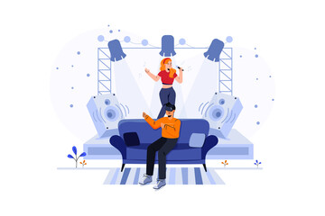 A Man Watching a Music Show Using VR Glasses. Flat illustration isolated on white background.