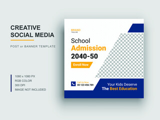Back to school social media instaram post template, School admission social media banner design