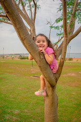 niña sonriendo arriba de un árbol , ella quiere ser un mono