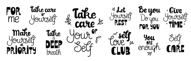 Fototapeta premium Big collection of hand-drawn quotes about self love. Trendy monoline and brush lettering. Vector isolated on white background. For t-shirt, cup, sticker, print, banner, bag, plotter cutting, etc.