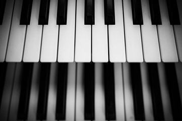 Close focus on upper row of piano keyboard in black and white.