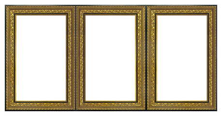 Triple golden frame (triptych) for paintings, mirrors or photos isolated on white background