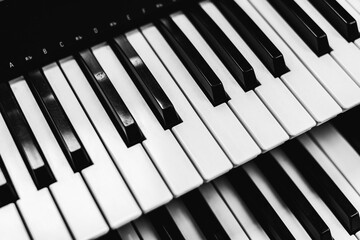Close focus on upper row of piano with warm tone of black and white.