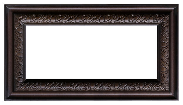 Panoramic black wooden frame for paintings, mirrors or photo isolated on white background. Design element with clipping path