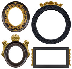 Set of black wooden round frames for paintings, mirrors or photo isolated on white background