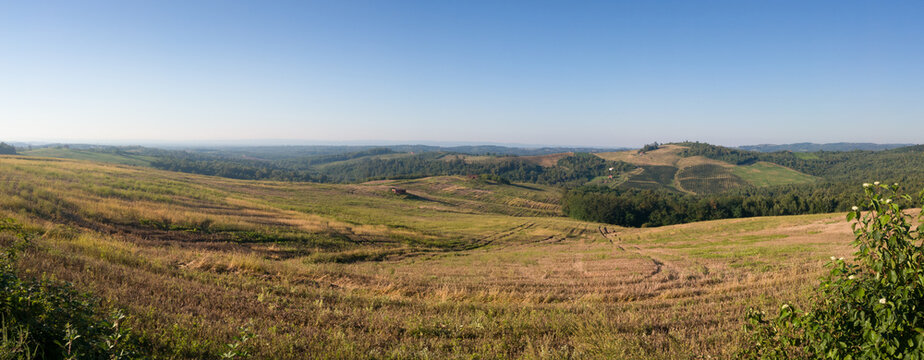 Scenic view of hilly countryside in village of Bukovica near Derventa during clear sunny summer day.