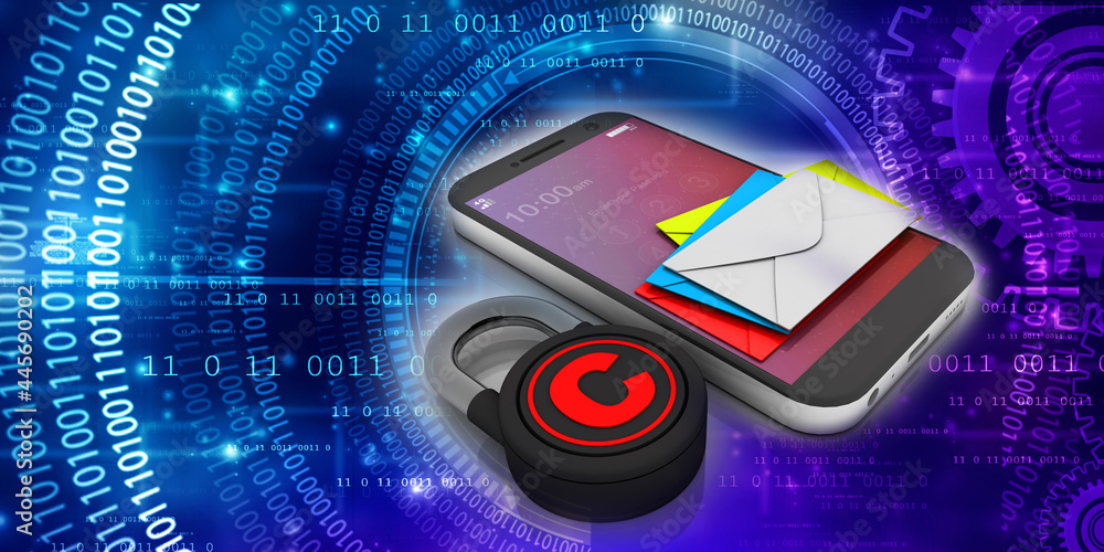 Poster 3d rendering envelope in mobile phone with copyright lock
