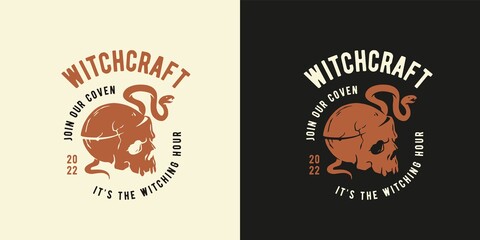 Skull with snake for halloween skeleton print. Halloween undead and walking dead. Fear, horror and spooky zombie for design dark party of happy halloween