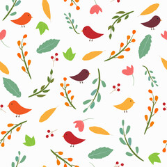 Abstract decorative seamless pattern with colorful brunch, leaves, birds, flowers. Good for nursery, kids clothing. Vector illustration.