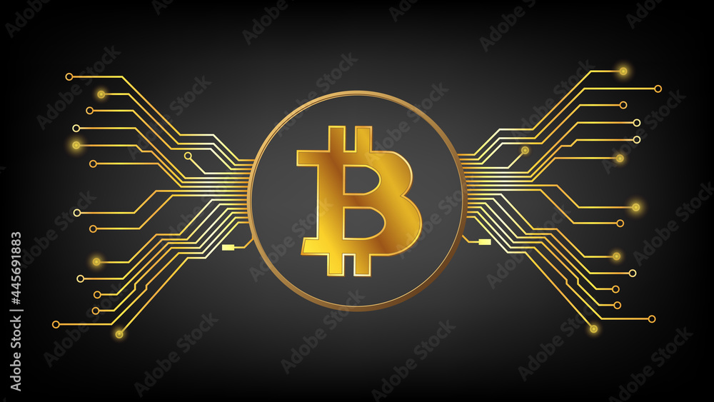 Sticker gold bitcoin btc cryptocurrency symbol in circle with pcb tracks on dark background. design element 