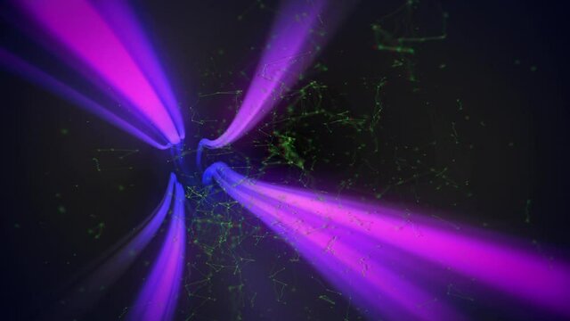 Animation of glowing connections pulsating and spinning in tunnel of glowing lights
