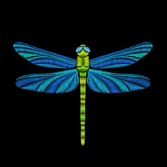 Dragonfly embroidery. Decorative element for printing on fabric. Colorful linear animal.