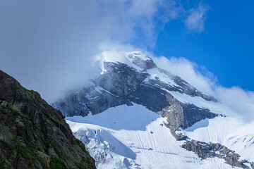 Punta Grober: one of the many peaks of the Monte Rosa massif, With the many glaciers and fantastic views, near the town of Macugnaga, Italy - July 2021.