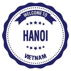 WELCOME TO HANOI - VIETNAM, words written on blue stamp