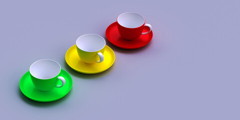 red, yellow and green cups on a light blue background.