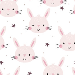 Seamless pattern cute character - animal baby bunny. Vector print for baby shower. Printable templates. Vector pattern with rabbit.
