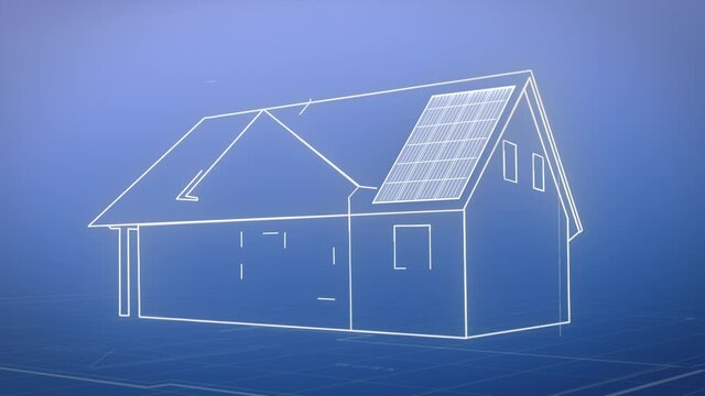 Planning photovoltaic solar system on sketch of new house, renewable energy. Construction plan. Blueprint