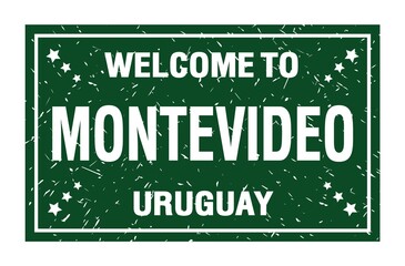 WELCOME TO MONTEVIDEO - URUGUAY, words written on green rectangle stamp