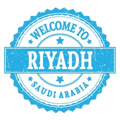 WELCOME TO RIYADH - SAUDI ARABIA, words written on blue stamp
