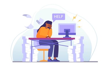 Stress at work concept. A sad, tired girl is sitting at her desk and asking for help. A large number of tasks, little time. Cartoon modern flat vector illustration isolated on a white background