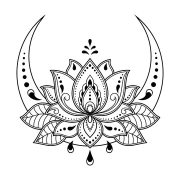 Crescent symbol with lotus flower in mehndi style. Traditional Oriental symbols for decoration of room, greeting cards, prints on clothing, sports equipment, tattoos and henna.