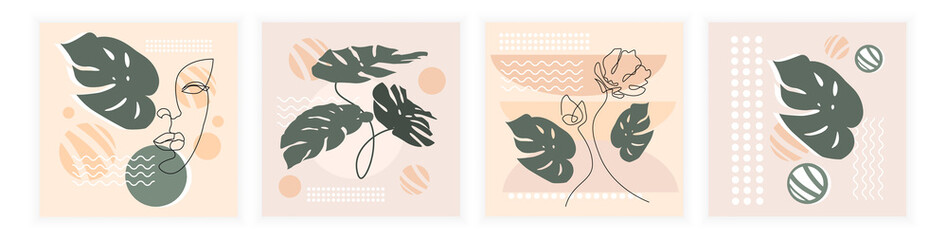 Fototapeta na wymiar Abstract minimalistic cards set. Portrait of a woman line art, tropical leaves, geometric shapes and abstract patterns on a pink background. Vector modern illustration for posters and wall decoration