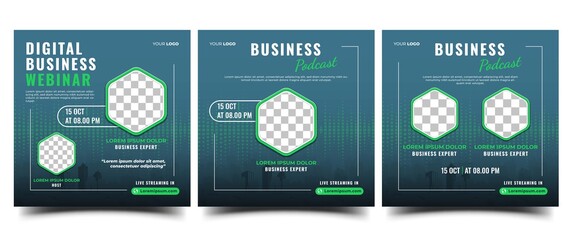 Business podcast social media post template design. Set of modern banner design with place for the photo. Usable for social media, banner, and website.