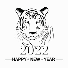 Happy new year 2022 year of tiger Zodiac sign symbol drawing line art black and white vector illustration Isolated on gray background