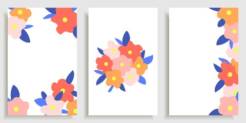 Simple set of floral posters. Bright flowers on a white background. For templates, prints, cover, greeting cards. Festive vector illustration.