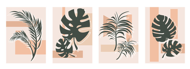 Fototapeta na wymiar Botanical wall art vector set. Dark silhouettes of tropical leaves, line art on abstract background. Organic minimalistic collage for posters, postcards and wall decorations. Flat vector illustration
