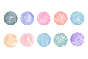 Highlight cover set, abstract floral botanical icons for social media. Vector illustration. watercolor design. Set of Instagram Story Highlights Covers Icons. Colorful watercolor background