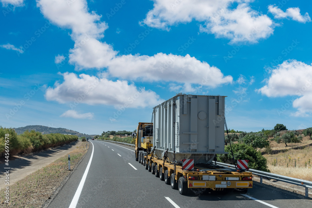 Canvas Prints special transport, semi-trailer truck with many axles and wheels to transport very heavy goods.