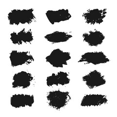 Hand drawn collection of abstract ink spots, brush strokes, lines and paint blobs. Grunge set of graphic illustrations for banner backdrop template. Vector elements isolated on white background.