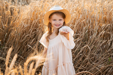 little blonde girl in beige muslin dress holds wheat grains in the palm of her hand in wheat field on sunset - obrazy, fototapety, plakaty