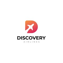 Letter D logo with airplane aircraft in negative space vector illustration	
