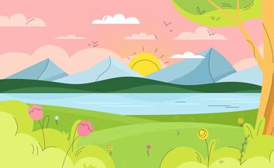 Fototapeta na wymiar Abstract Landscape with mountains, hills, lake and trees. Summer landscape. Outdoor background. Flat Vector Illustration