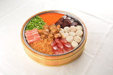 cny colourful treasure pot set with rice, meat and seafood with abalone, scallop, sausage, egg, vegetable, pork, prawn, duck, chicken floss, waxed meat in big platter sushi bento takeaway banquet