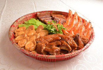cny colourful treasure pot set with rice, meat and seafood with abalone, scallop, sausage, egg,...
