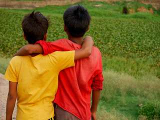 Two indian boy standing together looking green nature, Kids lifestyle concept