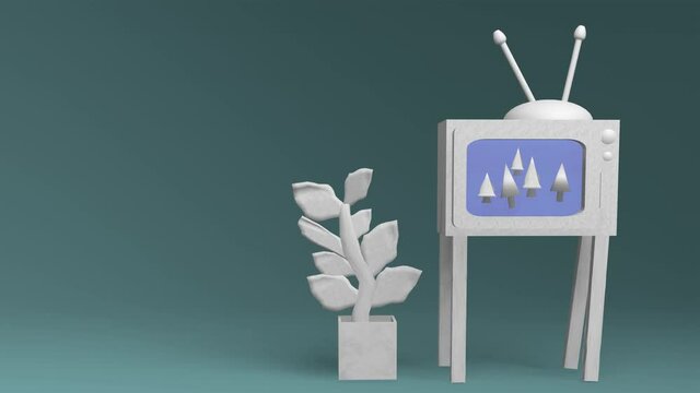 video rendering 3d of paper television set and potted plant. The paper TV is turned on showing a paper forest scene