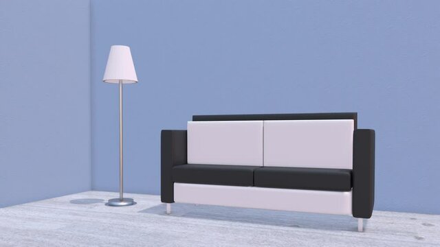 3d video of interior of minimalist house, sofa, lamp and oared with wooden floor