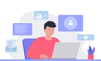 Man conducting a virtual meeting, conference call, stream, web chatting,  working remotely at laptop. Concept business communications, creation and editing content.